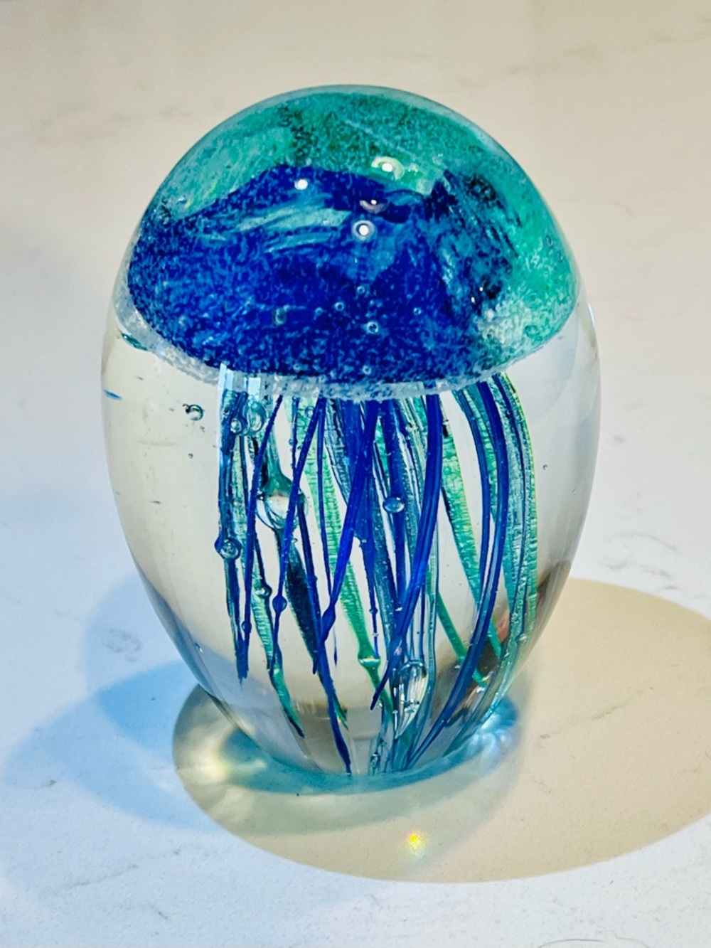 MURANO Italian Art Glass Blue Green Jellyfish Paperweight 4” tall With Bubbles